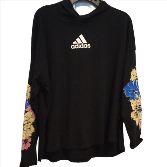 Adidas Black Hoodie Women’s Large Colorful Floral Accent Pullover - Picture 1 of 3